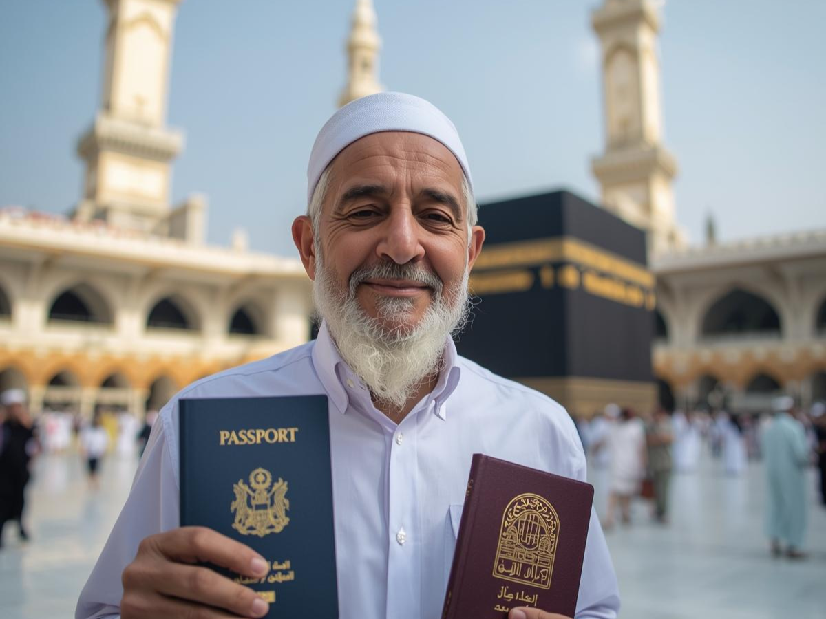 Visage apaisé d'un pèlerin accomplissant son rêve de Omra Tunisie 2026 à La Mecque, symbole de la sérénité offerte par l'accompagnement Fikrat Safar.