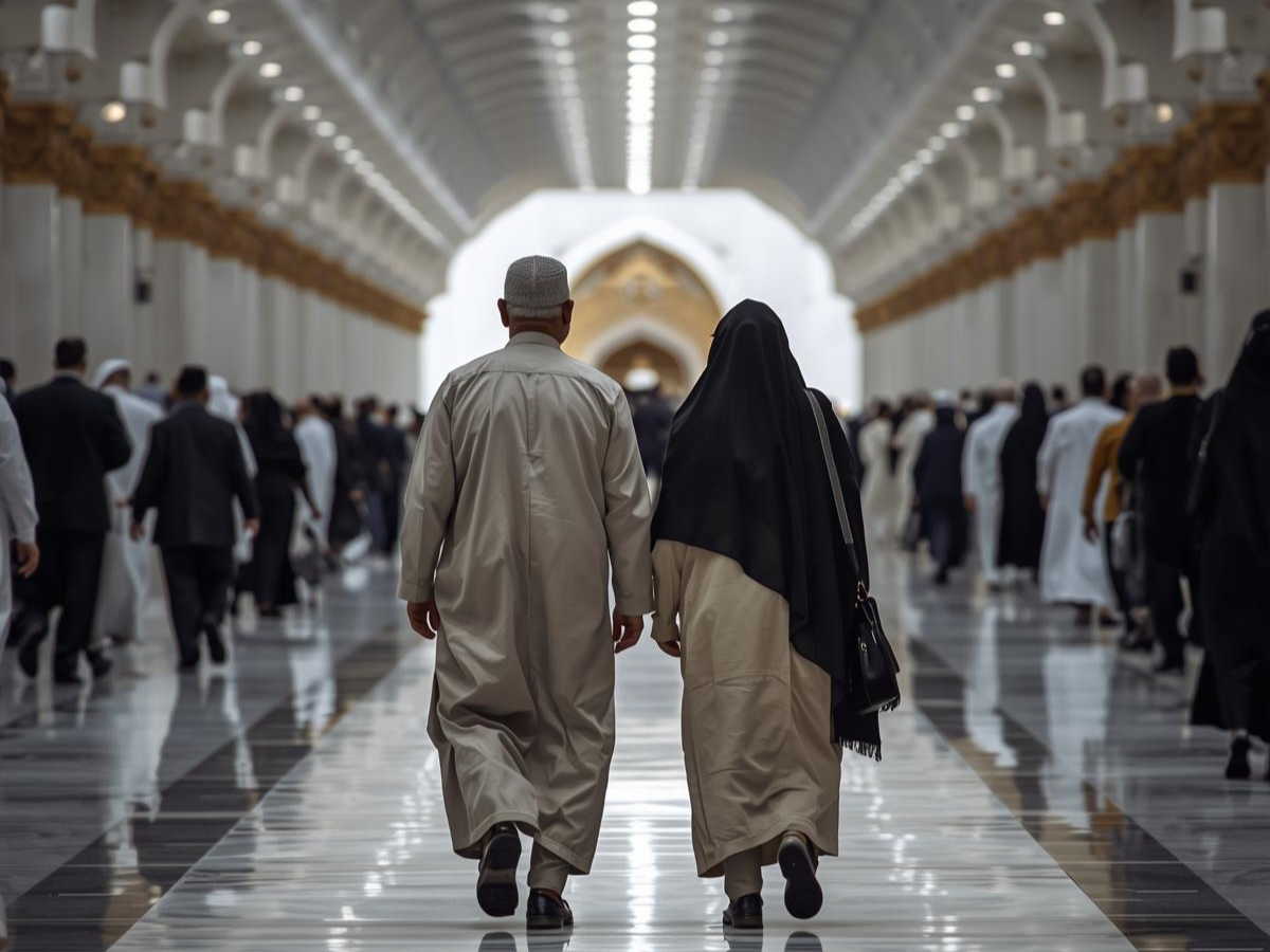 Rite du Sa'y à La Mecque : pèlerins tunisiens marchant avec sérénité dans les galeries climatisées du Haram.