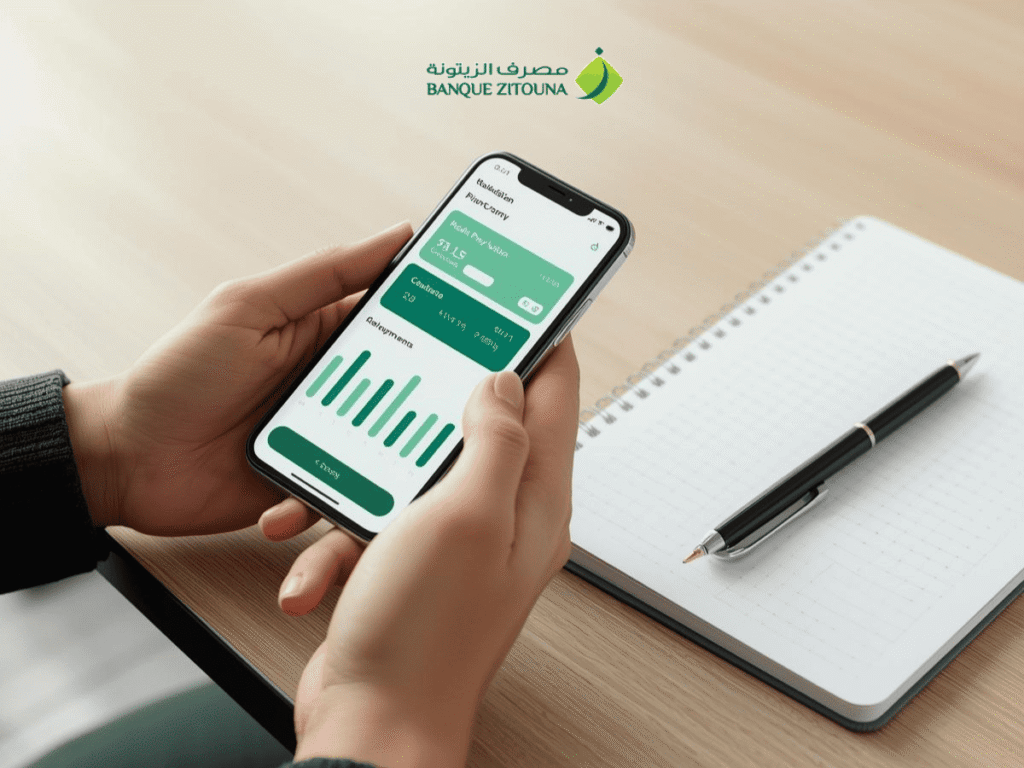 Smartphone affichant une simulation de financement omra tunisie 2026-2027 Mourabaha par Zitouna Bank