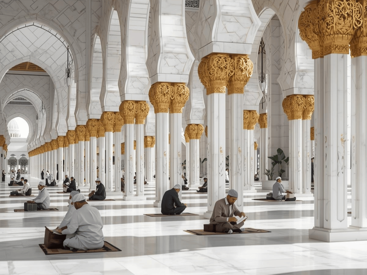 Intérieur frais et luxueux du Masjid Al-Haram à La Mecque, montrant les installations climatisées pour le confort des pèlerins tunisiens durant l'été.