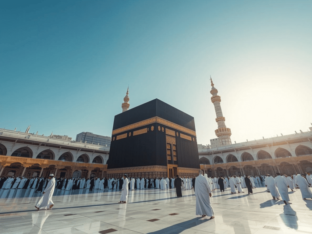 omra été 2026 : Vue panoramique de la Kaaba à La Mecque sous un ciel bleu d'été, illustrant la sérénité du pèlerinage Omra en juillet août avec moins de foule.