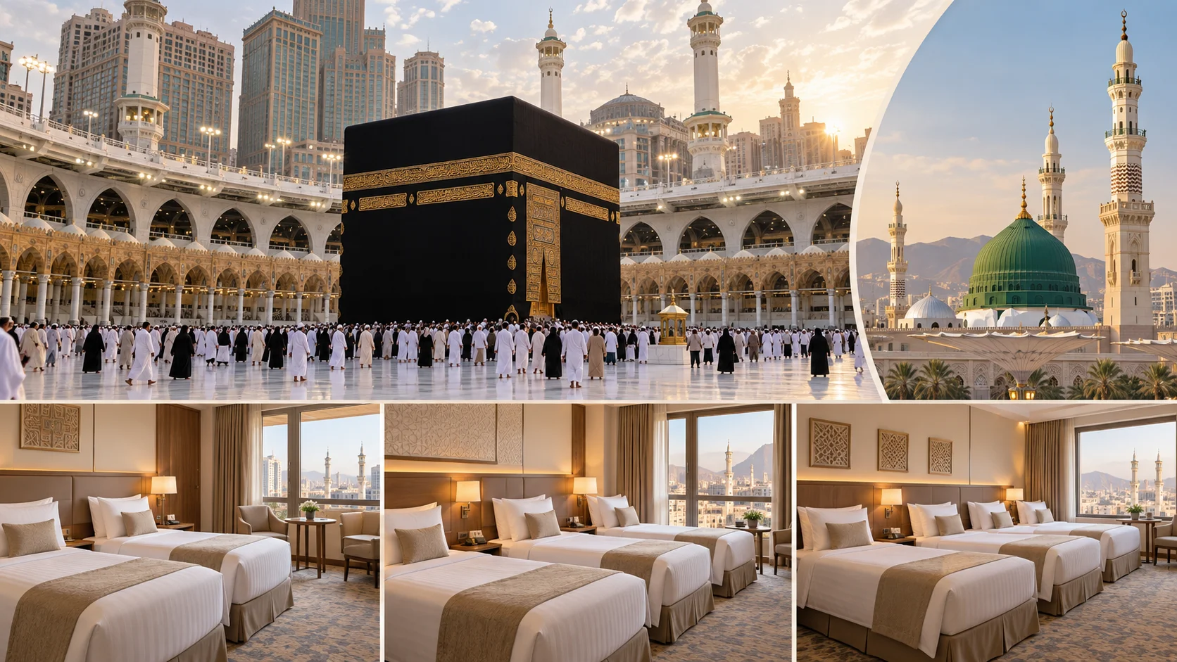 Kaaba, Medina, and hotel room options